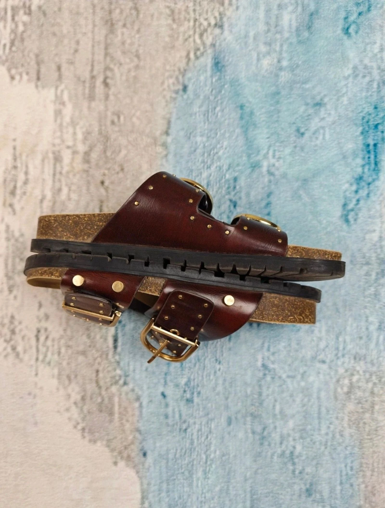Stradivarius Western Buckle Slide Sandals Brown Gold Studded Double Strap Boho Chic Size 36 – photo 8